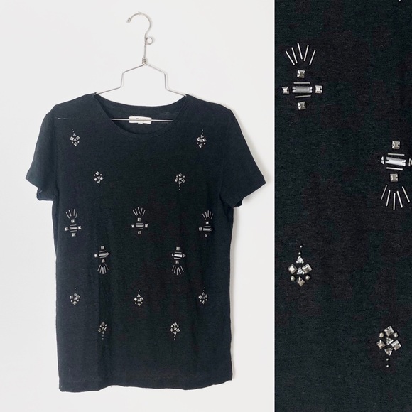 Madewell black linen T-shirt with decoration SZ M - Picture 1 of 7